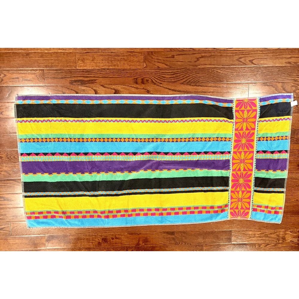 Vintage Banana Club Beach Towel Geometric Bright 58" x 30" Cotton 1980s